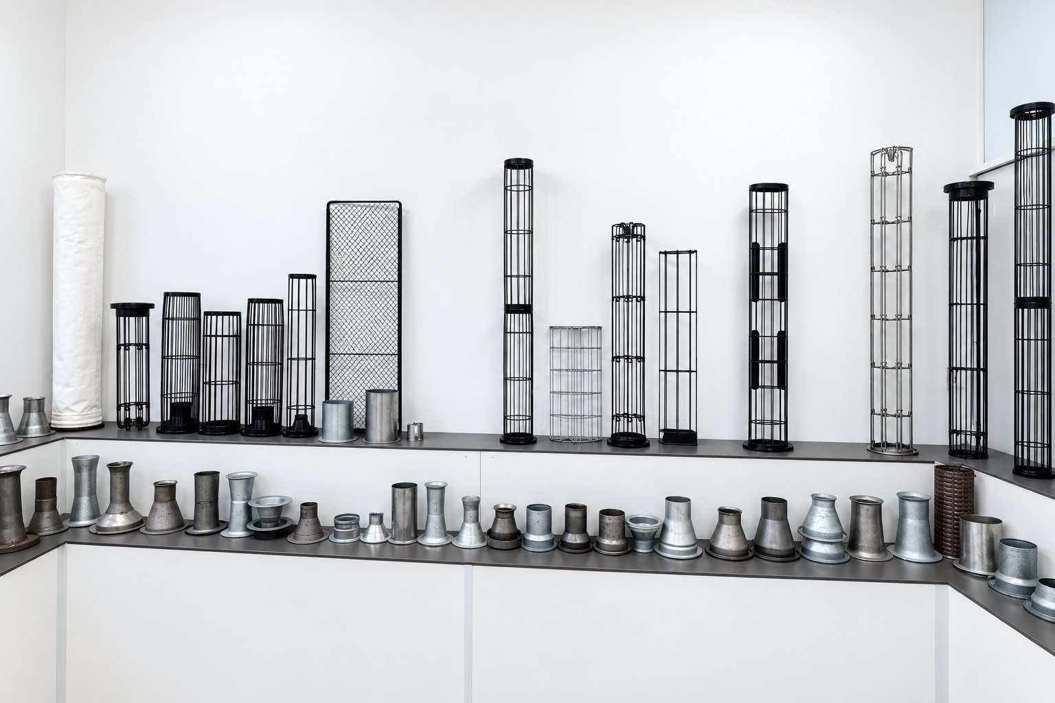Round and shaped filter cages displayed alongside filter bags, venturis and accessories.